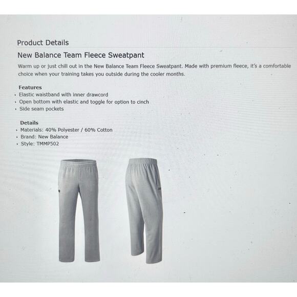 Men's NWTS New Balance Fleece Pant Size Large.Adjustable toggle @ legs-side pkts - Picture 7 of 8